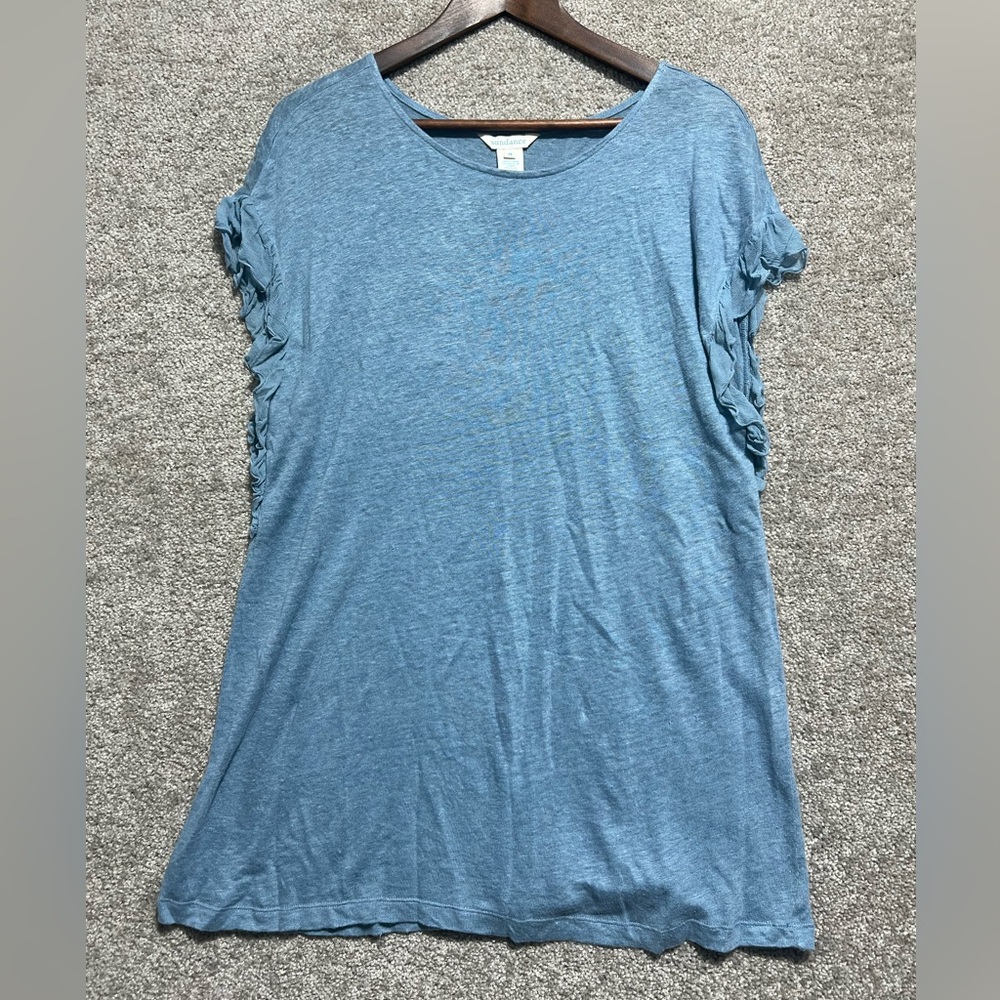 Sundance Womans 100% Linen Tunic Length Blue Ruffle Short Sleeve Blouse Medium